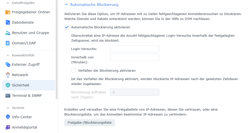 Synology Schutzeinstellung