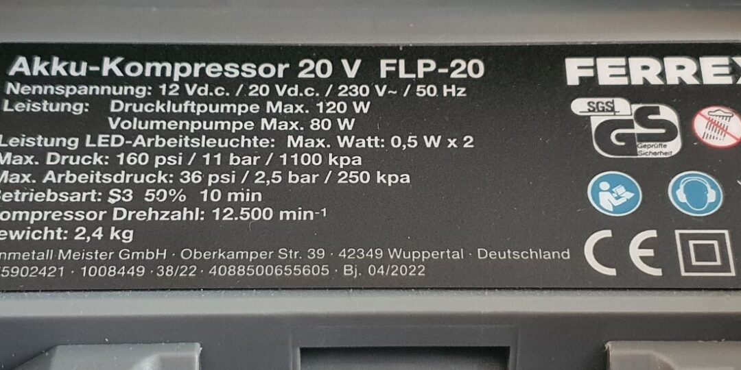 Akku-Kompressor Ferrex Daten