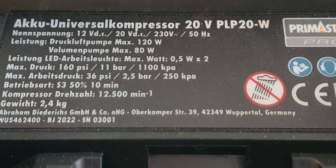 Akku-Kompressor Primaster Daten