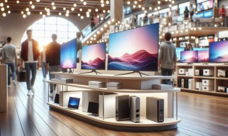 Ein Regal mit Computer Monitoren