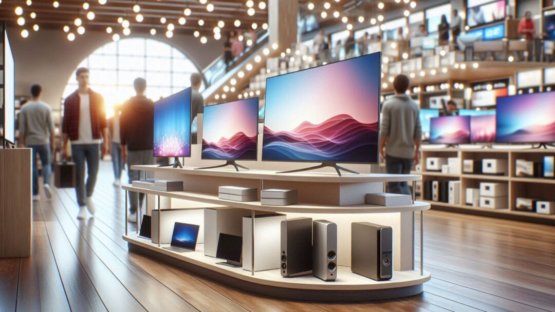 Ein Regal mit Computer Monitoren